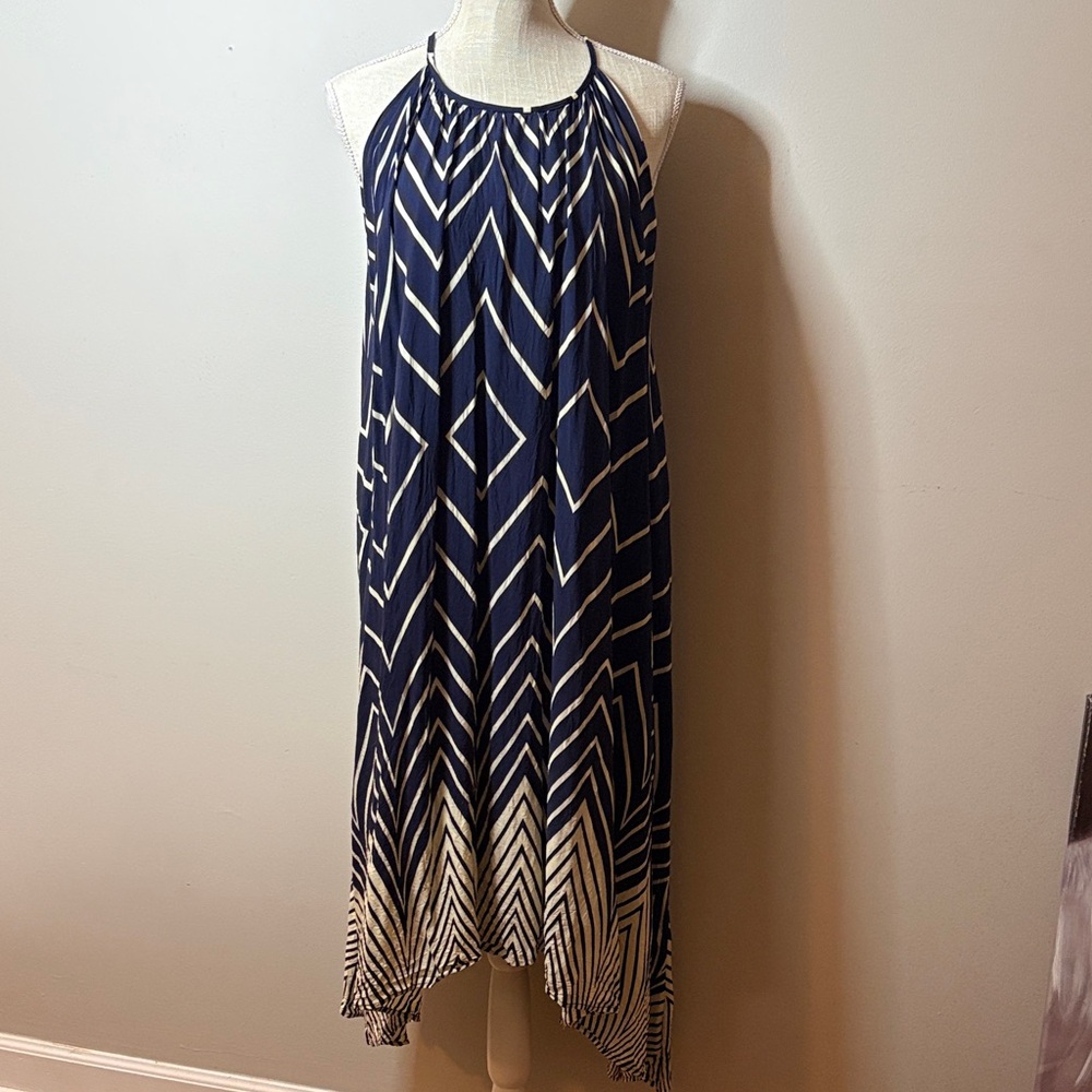 Navy and White Halter-Style Geometric Maxi Dress